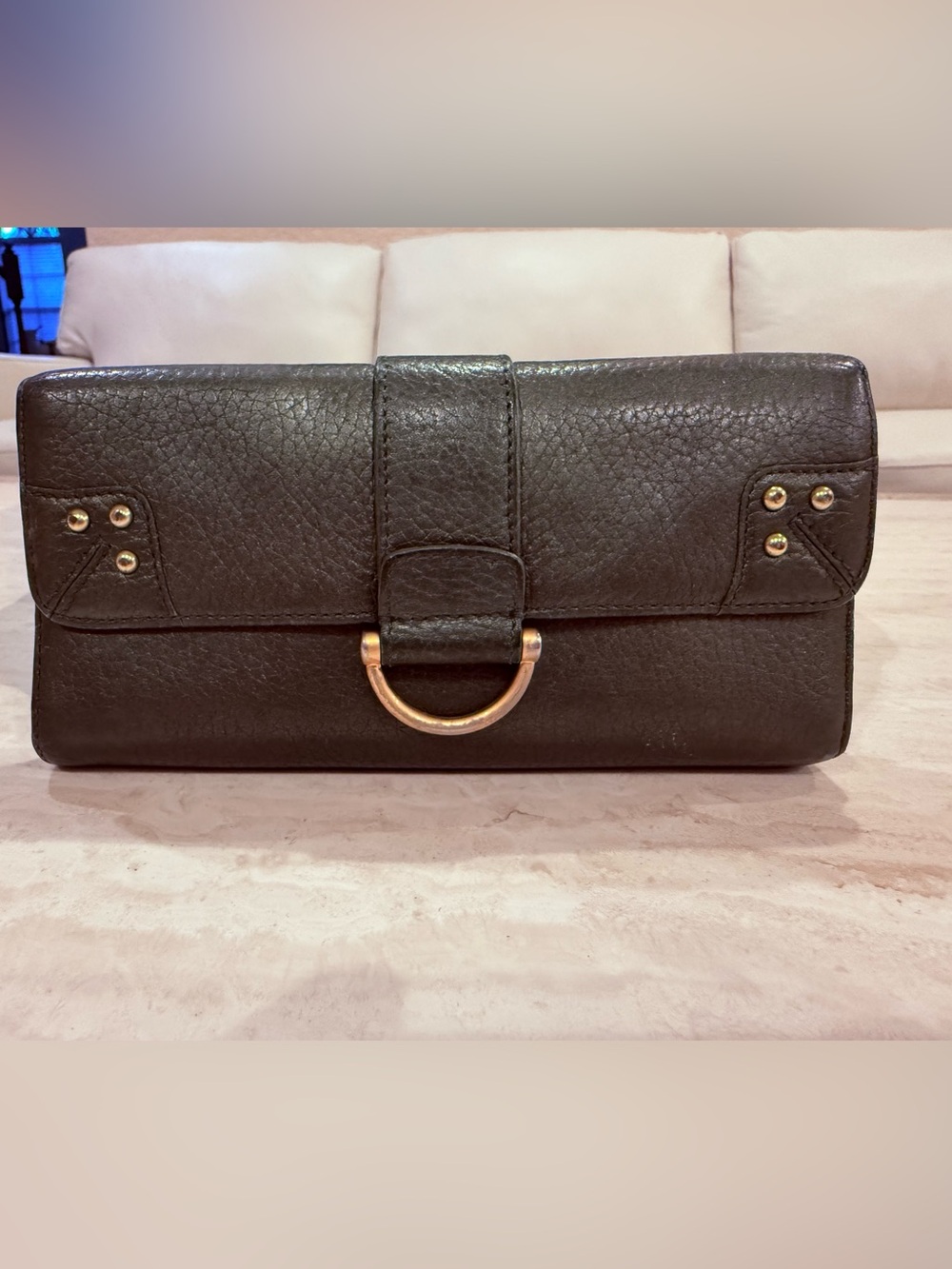 Sondra Roberts Green Pebbled Leather Foldover Clutch with Gold D-Ring